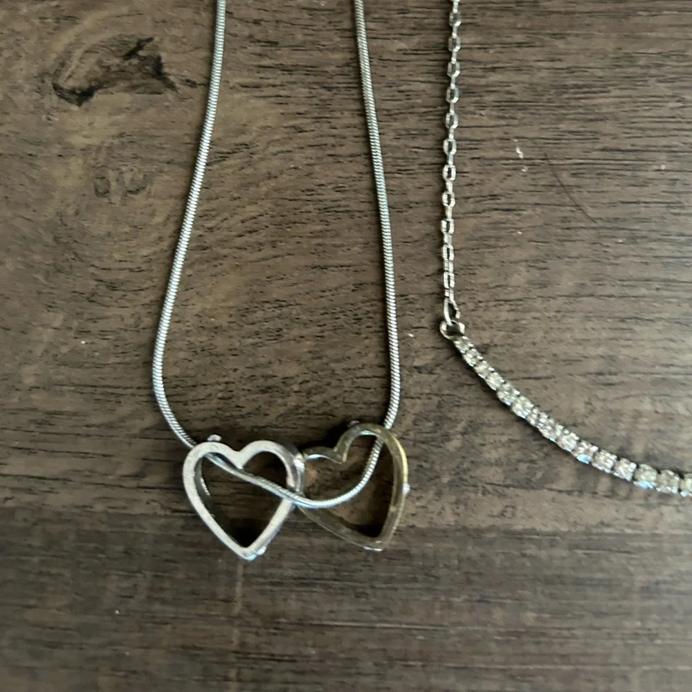 Lot of 3 Silver Necklaces Layered Hearts Diamond Bar & Triangle Necklace Set